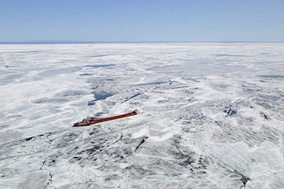 One of eight freighters beset in heavy ice on Lake Superior on April 7, 2015. Kenneth Armstrong/SooToday