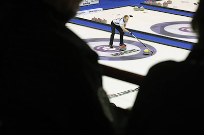 Skip Brad Jacobs is seen holding the broom during a draw against team Epping at the National on November 21, 2014 at the Essar Centre.