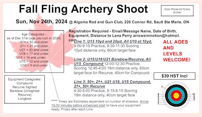 Fall fling archery shoot! Fun for all ages and levels. Registration required. 