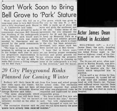 Two Sudbury stories (one about Bell Grove, one about outdoor rinks)….with a little “Easter egg” story right next to it.  (1955)