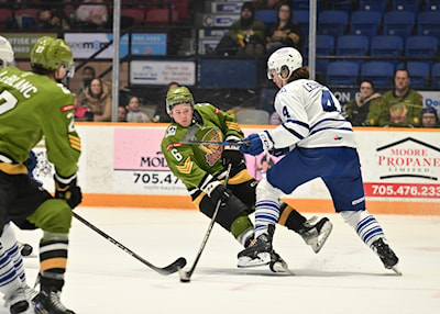 Jacob Therrien knocked down during first period action against the Brampton Steelheads. 