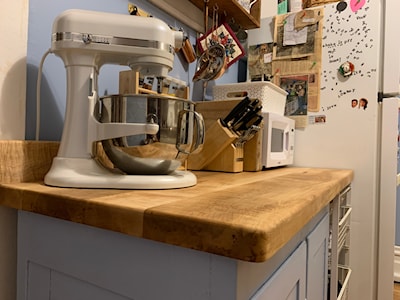 A closeup of the maple countertop